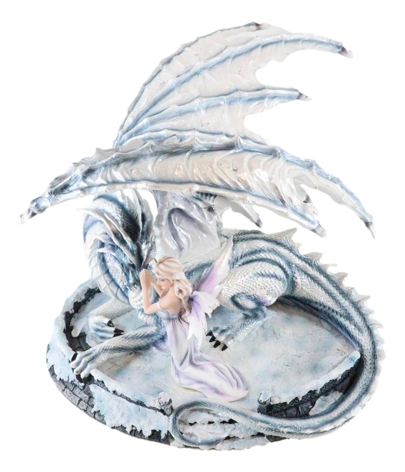 Large 15" Long Winter Blizzard Fairy with Giant White Dragon Statue-4