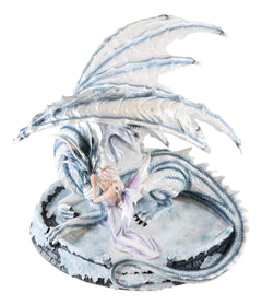 Large 15" Long Winter Blizzard Fairy with Giant White Dragon Statue-4