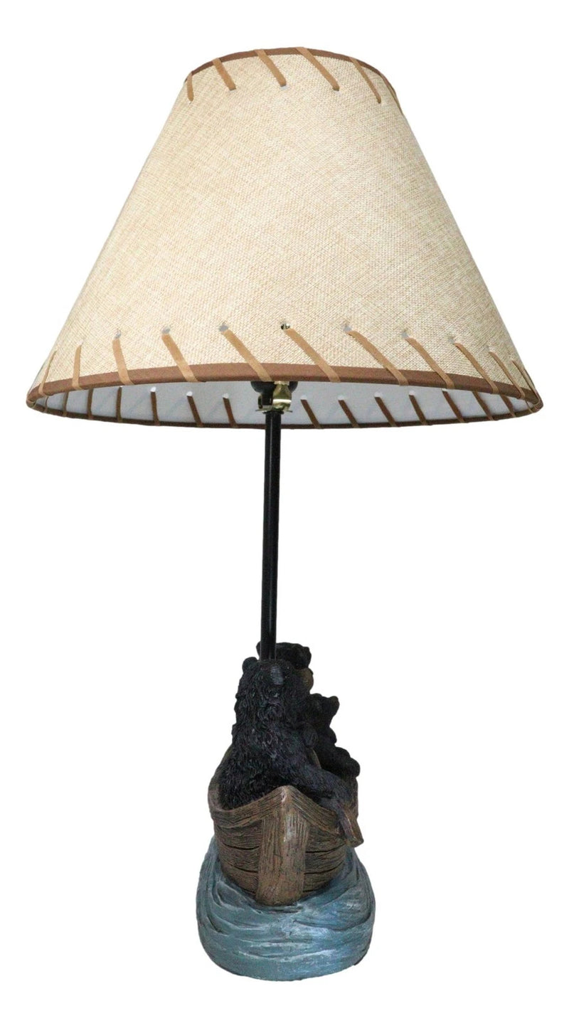 Rustic Woody Forest River Run Black Bears With Cub Rowing Canoe Boat Table Lamp-5