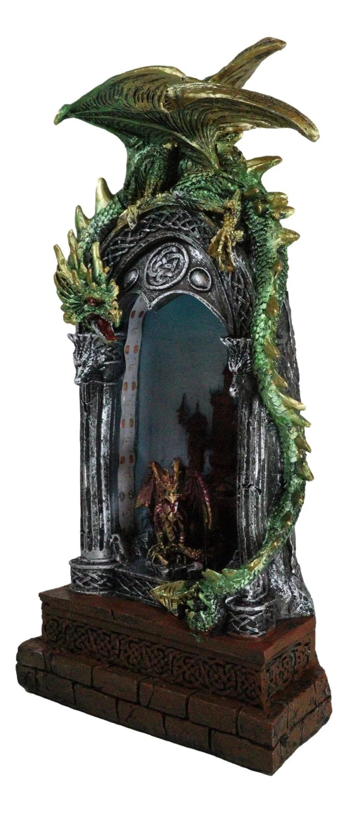 Green Dragon Perching On Celtic Arch Columns With Red Wyrmling LED Light Statue-6