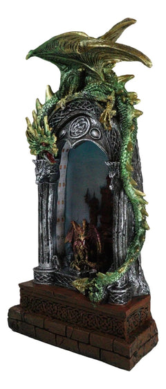 Green Dragon Perching On Celtic Arch Columns With Red Wyrmling LED Light Statue-6