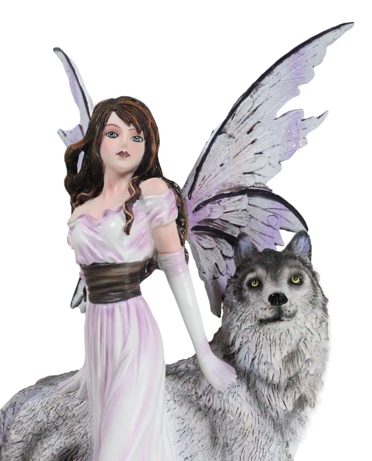 Fantasy Purple Winged Fairy Diana with Alpha Snow Direwolf Wolf Statue 10"H-3