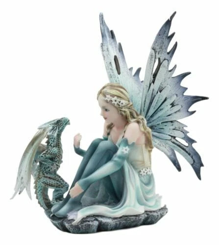 Winter Fairy With Bossy Baby Dragon Statue 7.25"Tall Mythical Fae Magic