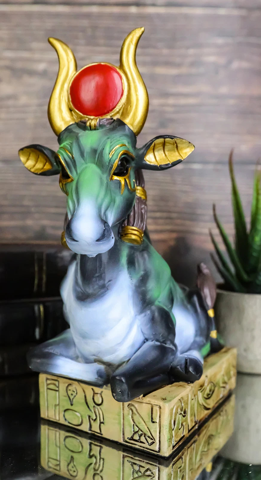 Egyptian Goddess Of Love Hathor Ra Cow Sitting On Hieroglyphic Base Figurine