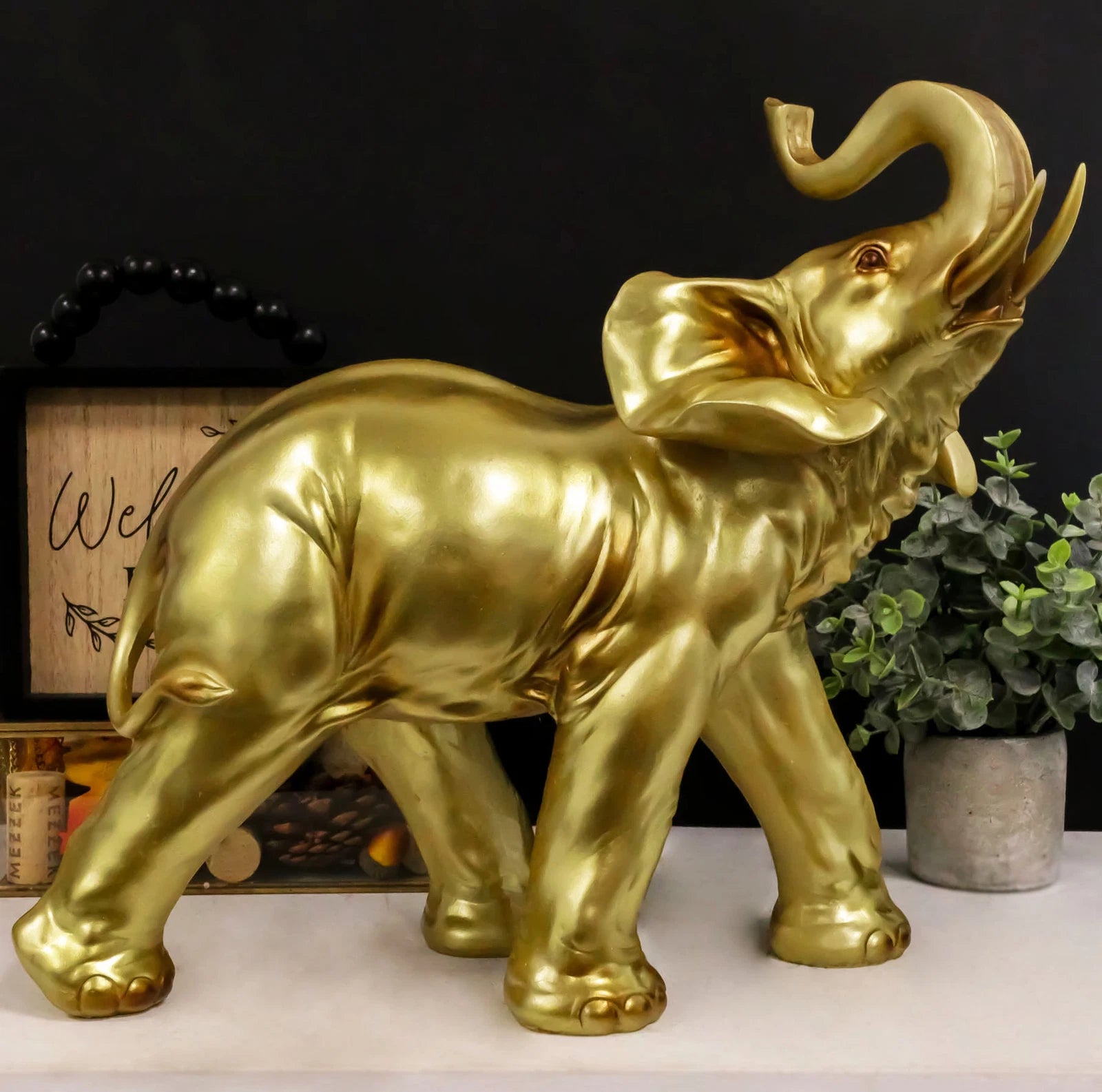 Estatua de elefante dorado Feng Shui de gran Buda tailandés auspicioso con la trompa hacia arriba-1