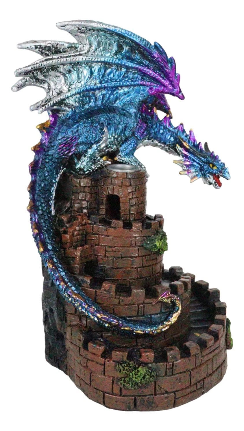 Metallic Blue Dragon On Spiral Steps Castle Tower Backflow Incense Cone Burner-3