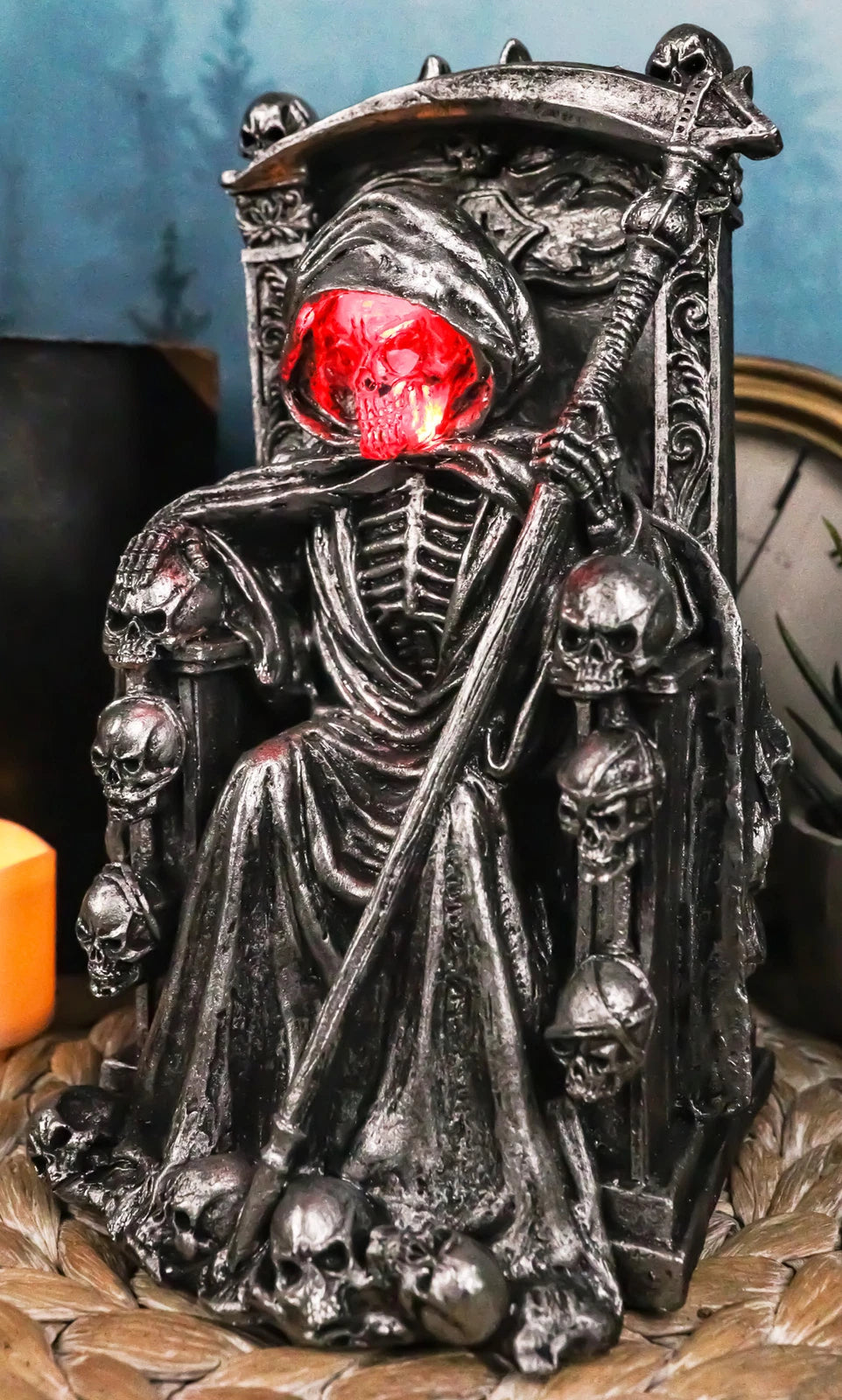 Dark Lord Grim Reaper Skeleton On Throne With LED Light Ghastly Face Figurine-3