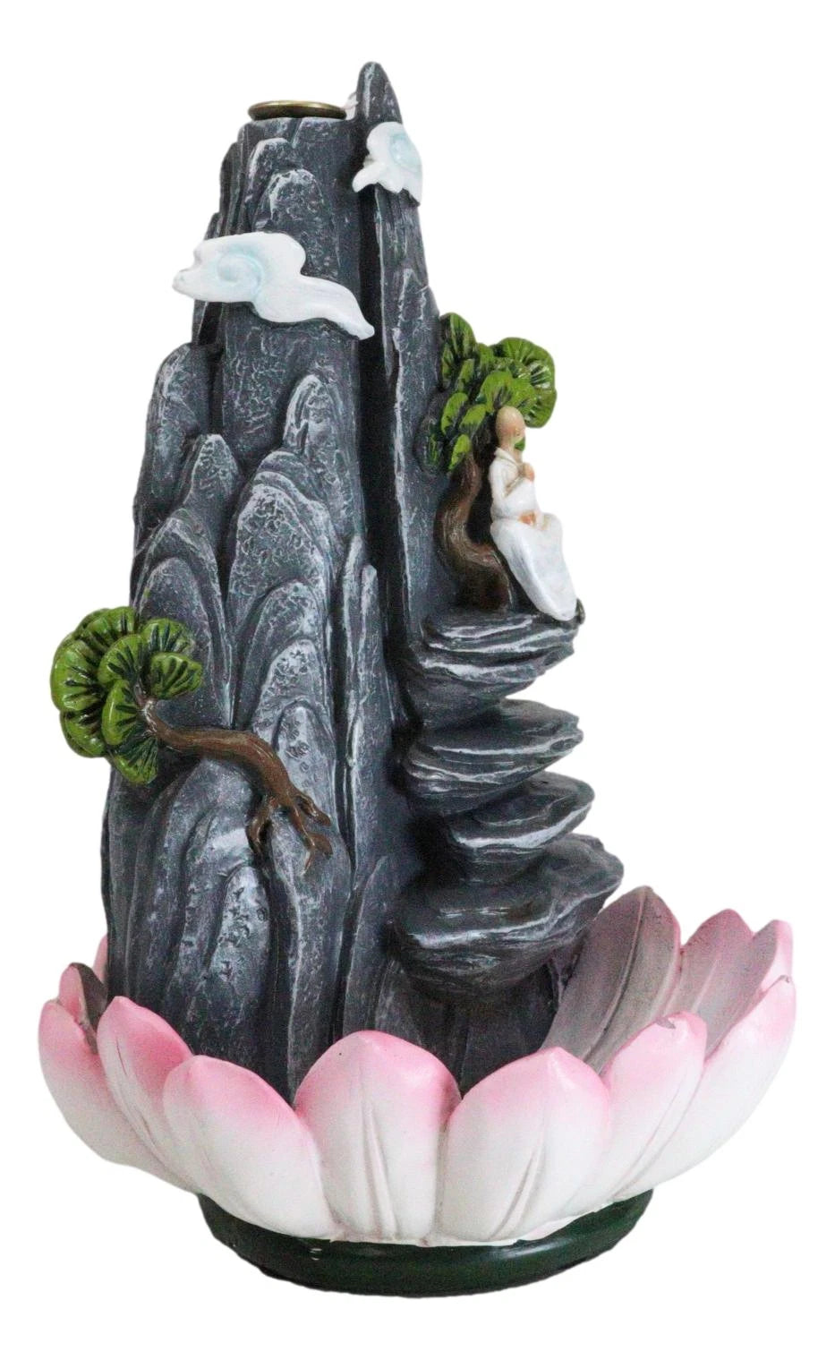 Zen Rocky Mountain Steppes With Monk On Giant Lotus Backflow Cone Incense Holder-4