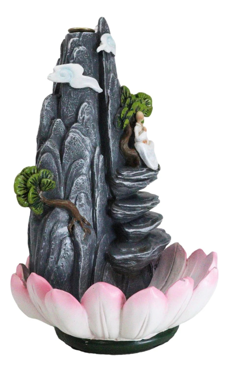 Zen Rocky Mountain Steppes With Monk On Giant Lotus Backflow Cone Incense Holder-4
