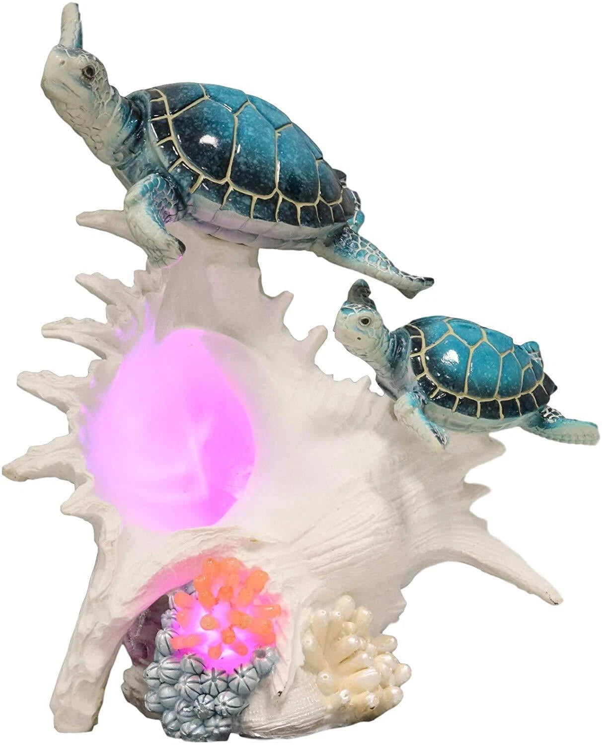 Colorful Nautical Sea Turtle Family Swimming By Big Conch With LED Light Statue