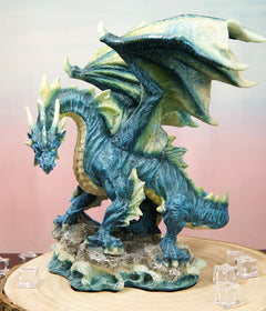 Large Blue Hyperion Water Behemoth Dragon Standing On Rock Figurine 11" H-1