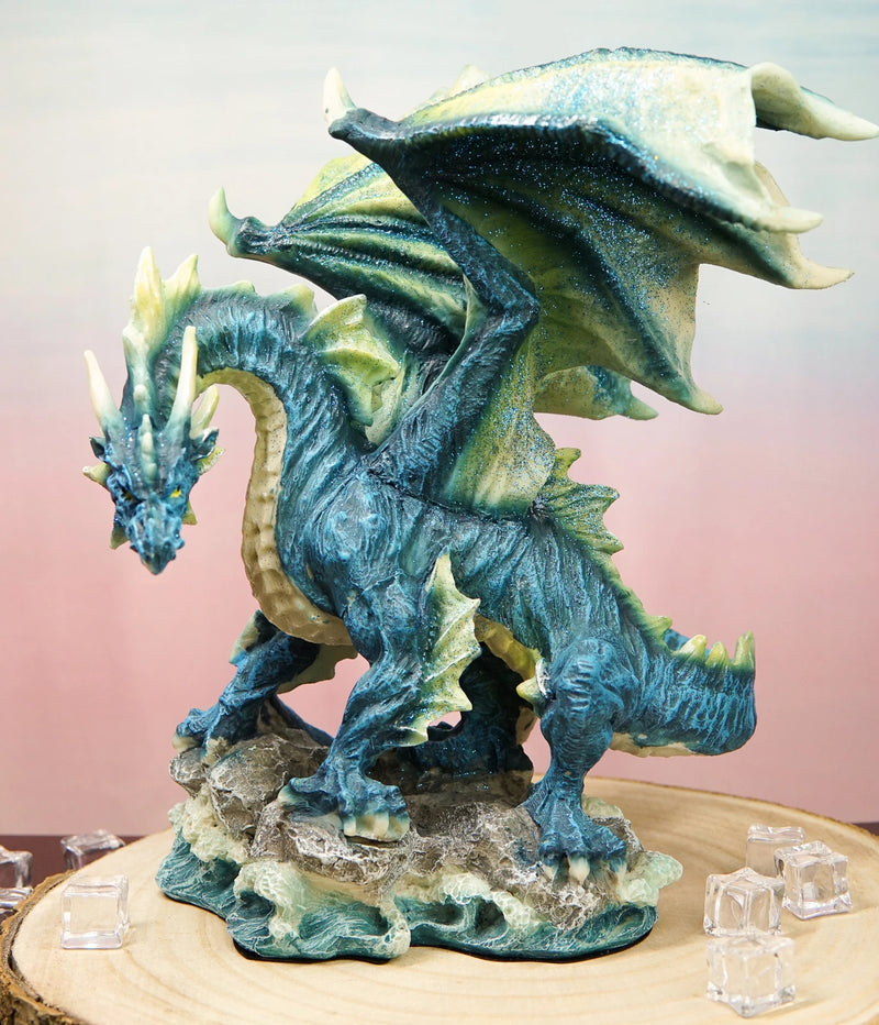 Large Blue Hyperion Water Behemoth Dragon Standing On Rock Figurine 11" H-1
