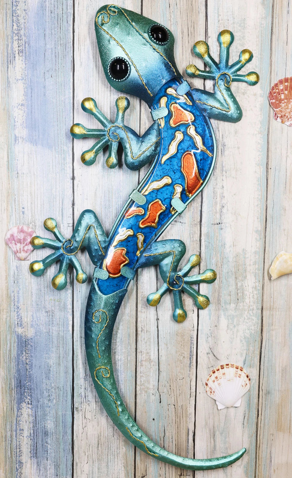 Crawling Green Metal Lizard Gecko with Blue Glass Body Wall Decor 18.5"L