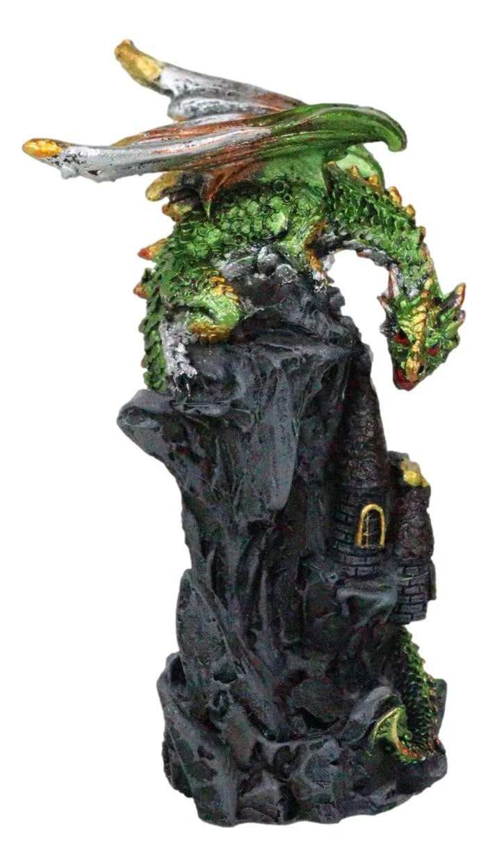 Metallic Golden Green Dragon Guarding Castle Tower On Mountain Cliff Figurine-5