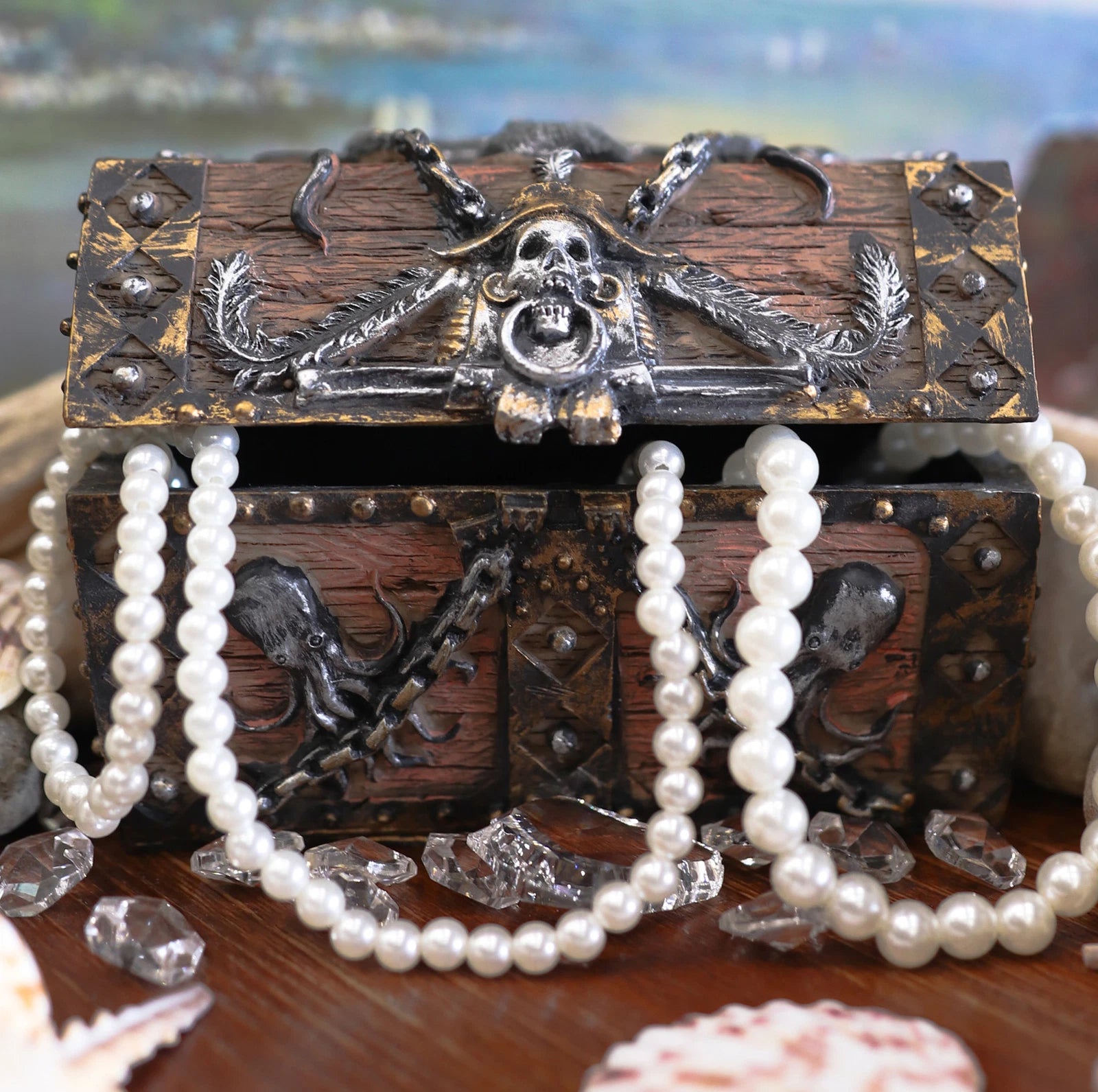 Kraken Octopus Pirate Haunted Chained Skull Treasure Chest Jewelry Box 5"L-5