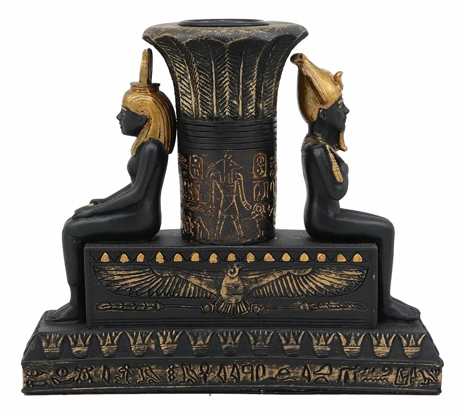 Ancient Egypt Black and Gold Seated Isis and Osiris Pillar Candle Holder-3