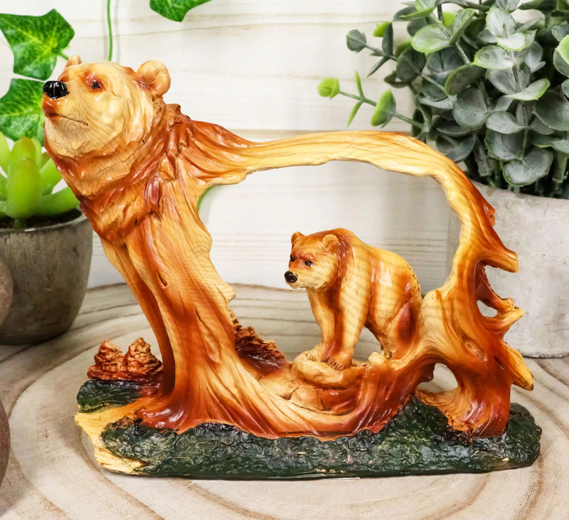 Rustic Faux Wood Wildlife Grizzly Bear With Cub Roaming The Forests Figurine-2