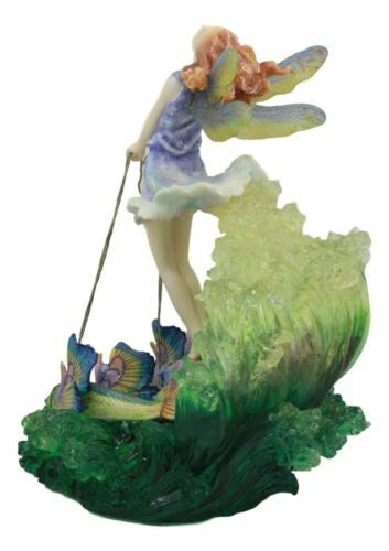 Estatua de pared de Josephine, el sueño del surfista, hada del océano montando un carro de peces arcoíris-3