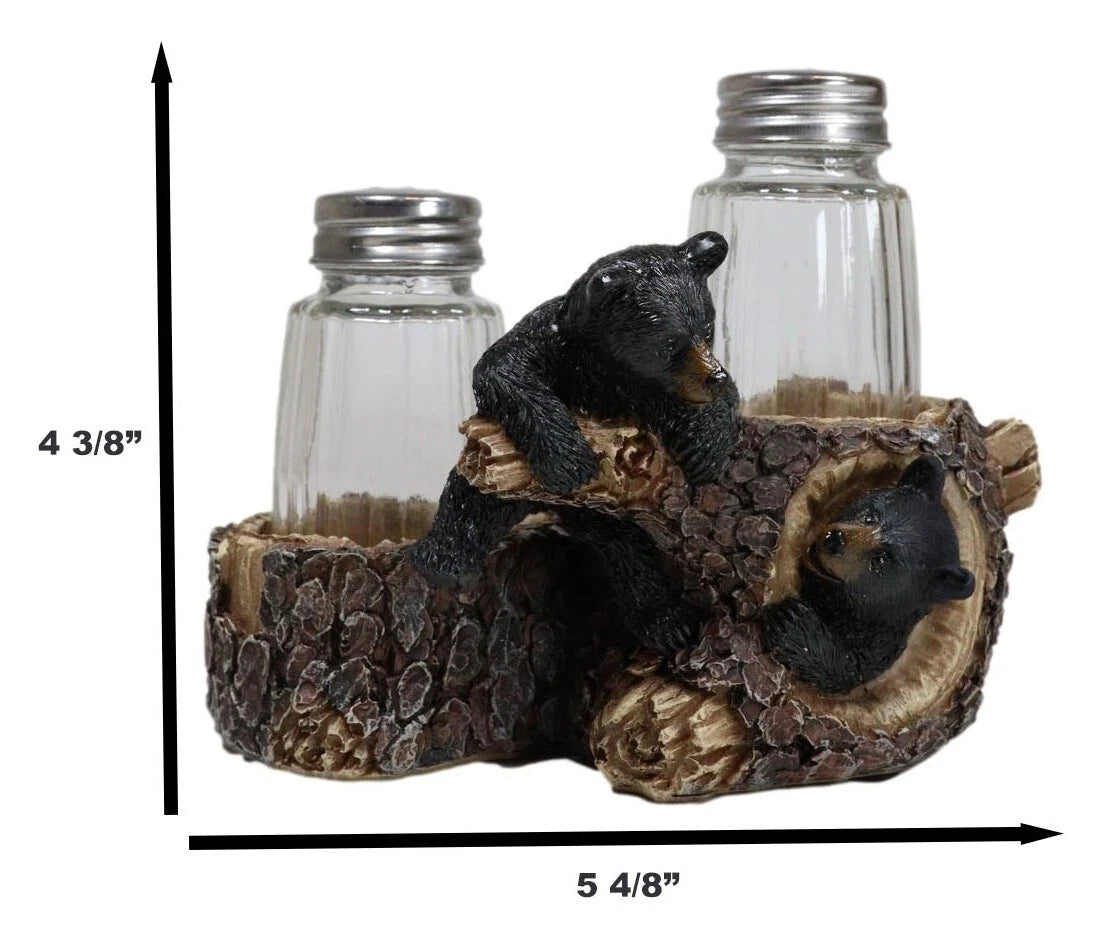 Rustic Forest 2 Black Bear Cubs Playing By Tree Logs Salt Pepper Shakers Holder-4