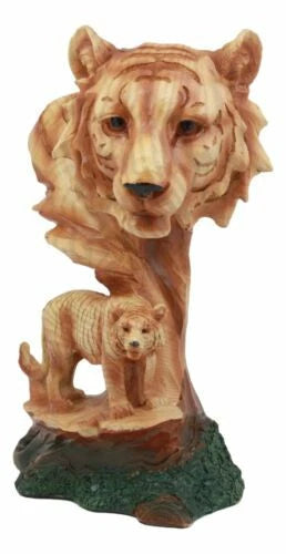 Tiger Bust Statue 9.25"H Faux Wood Resin Tiger Family Wildlife Figurine-3