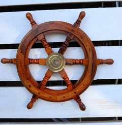 Nautical Marine Vintage Hardwood Wood & Brass Ship Steering Helm Boat Wheel 18"D-4