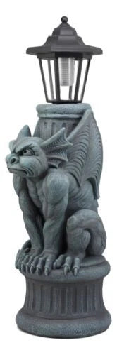 Gothic Crouching Winged Gargoyle Statue With Solar LED Lantern Light Post 20"H-3