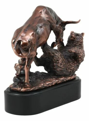 Wall Street Stock Market Charging Bull Trouncing Bear Statue With Pedestal Base-3