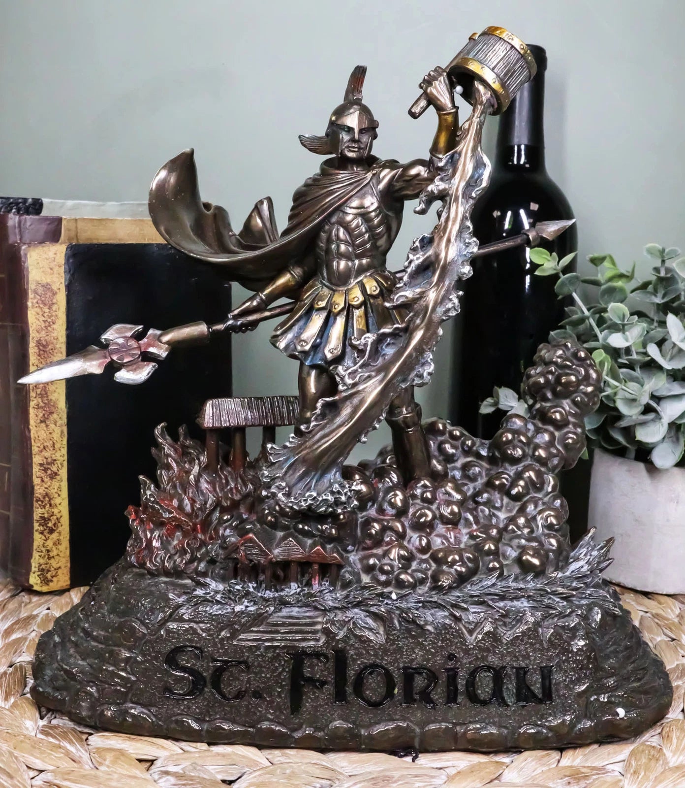 Large Saint Florian Pouring Water Over Burning Building Statue 10.25" Tall