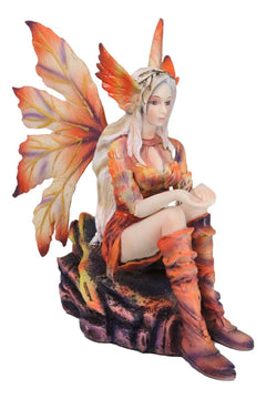 Goddess of Fire Elemental Pixie Fairy in Ember Pyre Dress Sitting Figurine-3