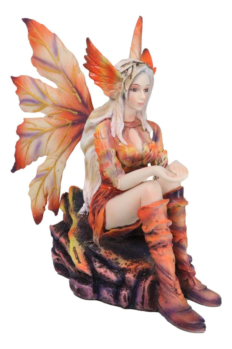 Goddess of Fire Elemental Pixie Fairy in Ember Pyre Dress Sitting Figurine-3
