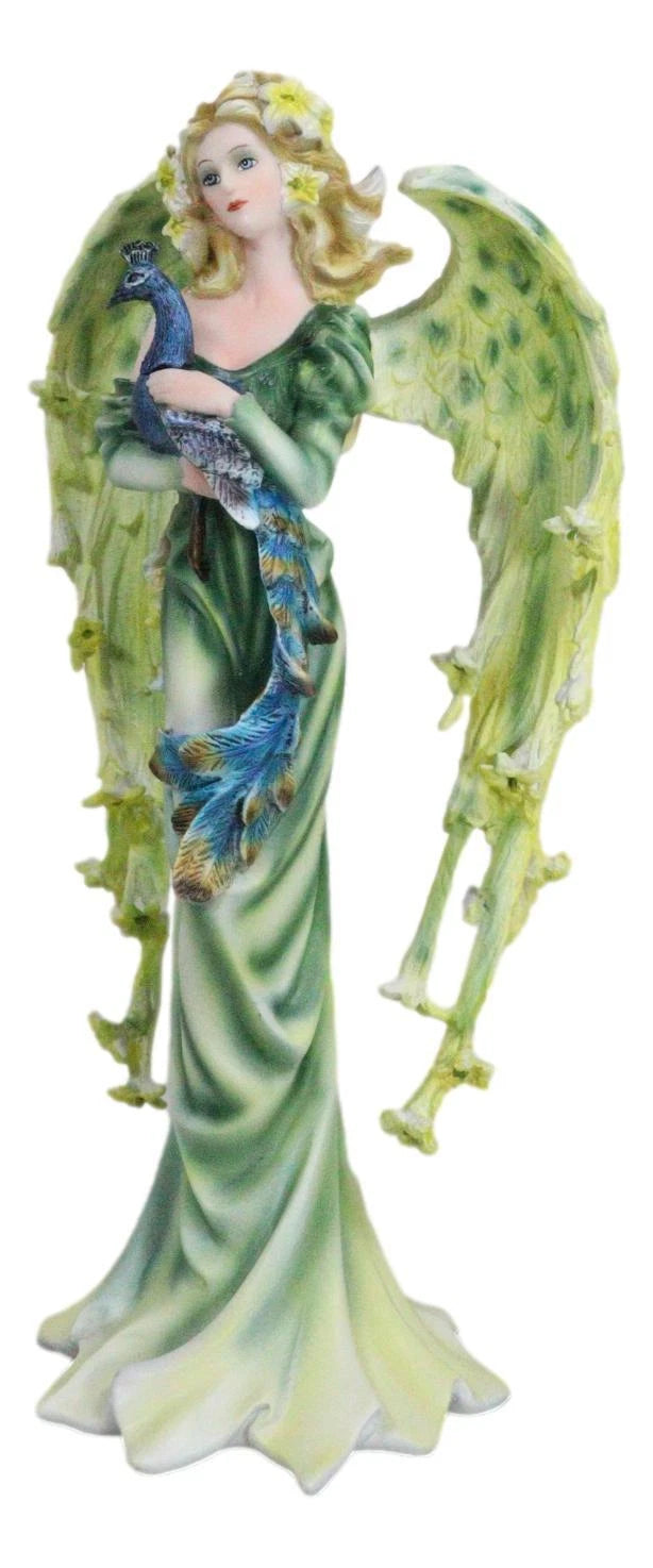 Beautiful Green Fairy With Colorful Flowers Carrying A Blue Peacock Figurine-3