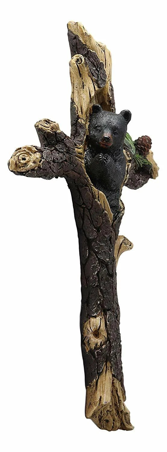 14"H Rustic Western Black Bear Cub Sleeping On Pine Tree Wall Cross Decor Plaque-4