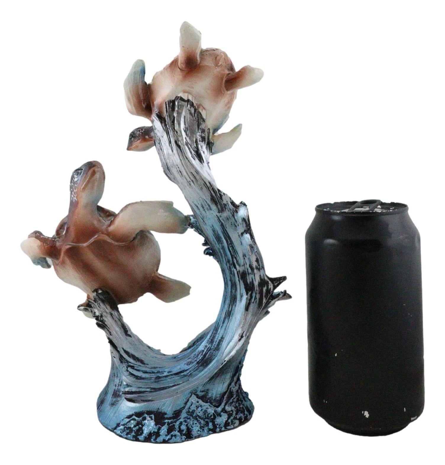 Nautical Blue Sea Turtle And Baby Swimming By Ocean Currents And Waves Figurine-2