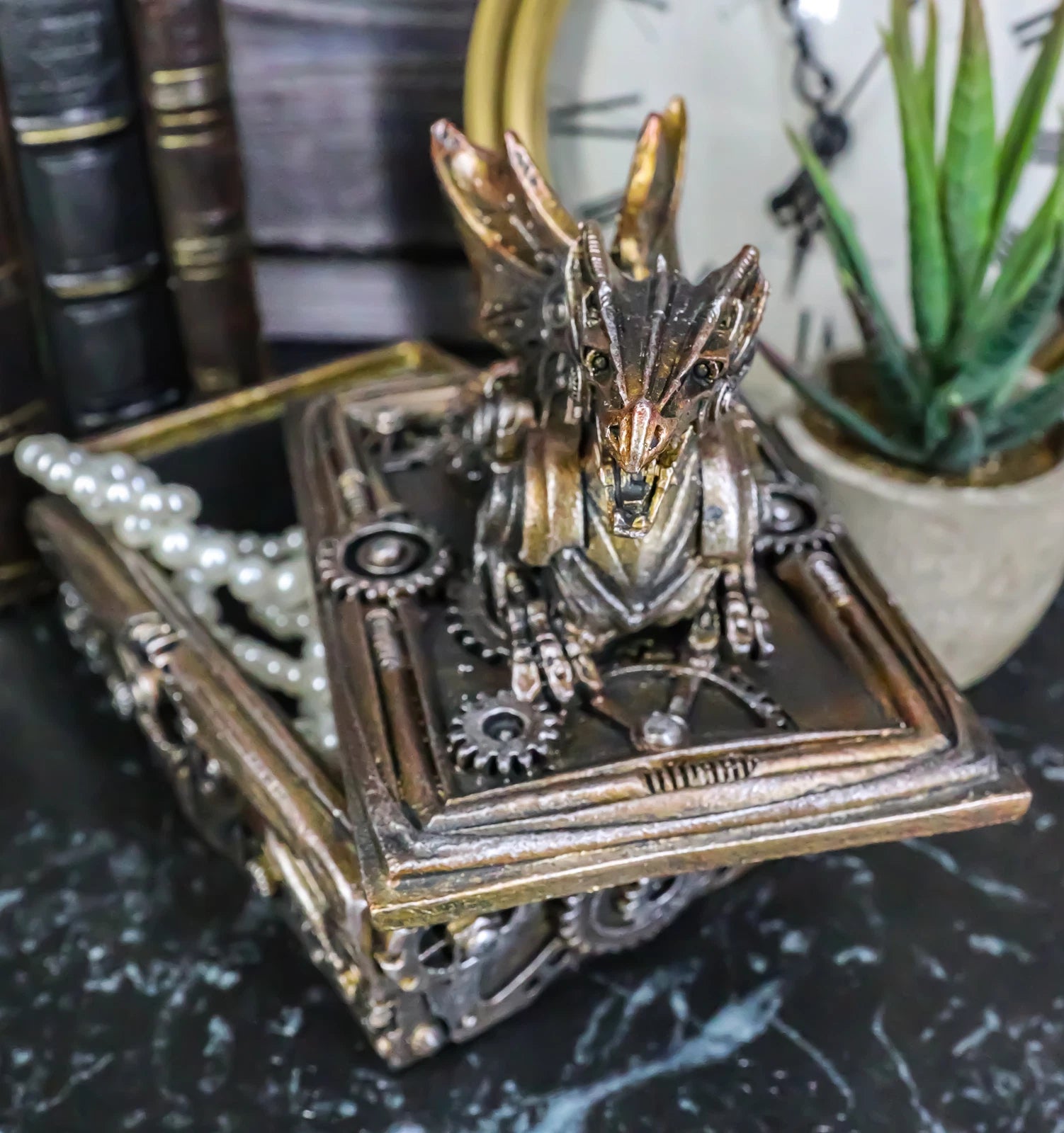 Bronzed Steampunk Cyborg Dragon Jewelry Box Figurine 9.5"L Robotic Serpentine-4