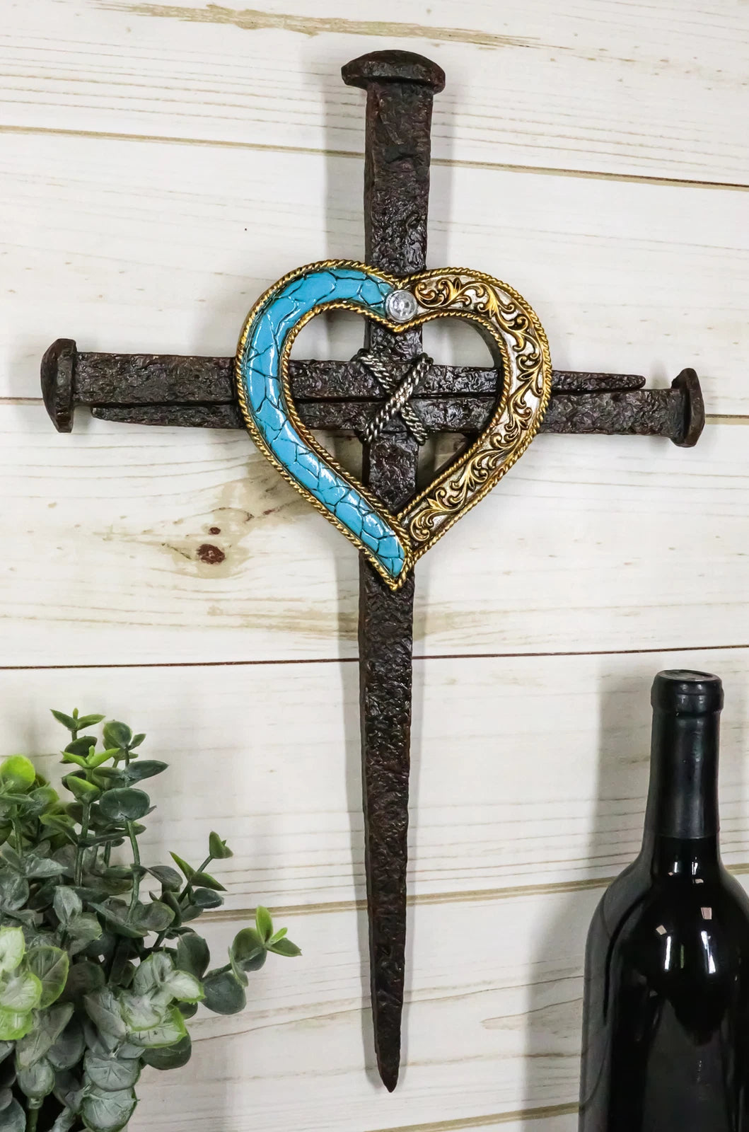 Crucifix Driven Nails with Heart Center Wall Cross Decor Plaque 16.5"H-1