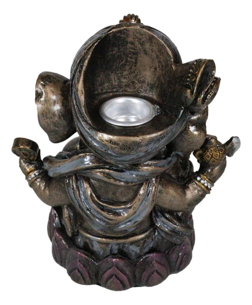 Hindu God Ganapati Baby Ganesha Playing Flute On Lotus Backflow Incense Burner-4