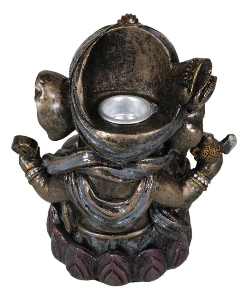 Hindu God Ganapati Baby Ganesha Playing Flute On Lotus Backflow Incense Burner-4
