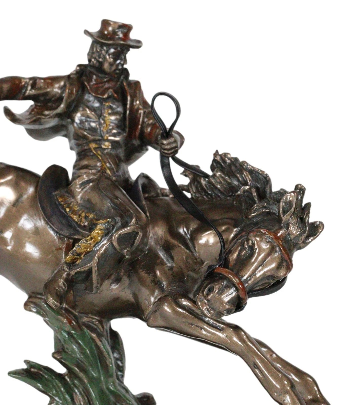 Rustic Western Rodeo Cowboy Riding On Galloping Wild Mustang Horse Figurine-3