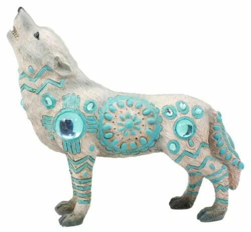 Turquoise Heavens Native Tribal Howling Snow Wolf Totem Spirit Figurine 6.25"L-5