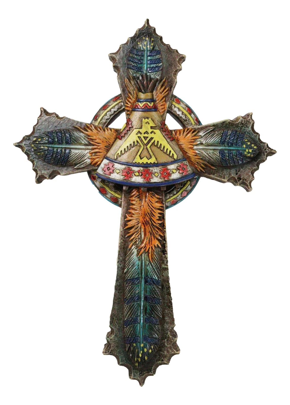 Southwestern Indian Feathers Teepee Sacred Eagle Faux Wooden Rustic Wall Cross-3