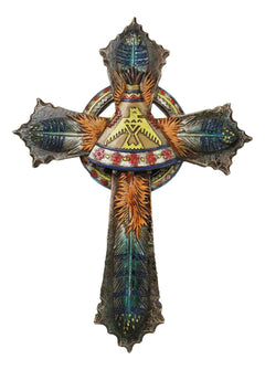 Southwestern Indian Feathers Teepee Sacred Eagle Faux Wooden Rustic Wall Cross-3