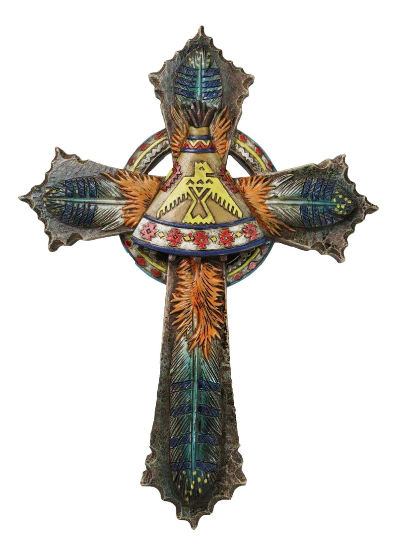Southwestern Indian Feathers Teepee Sacred Eagle Faux Wooden Rustic Wall Cross-3