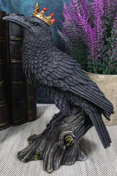 Macabre Gothic Royal Crowned Raven King Perching On Tree Stump Figurine 6.5"H-1
