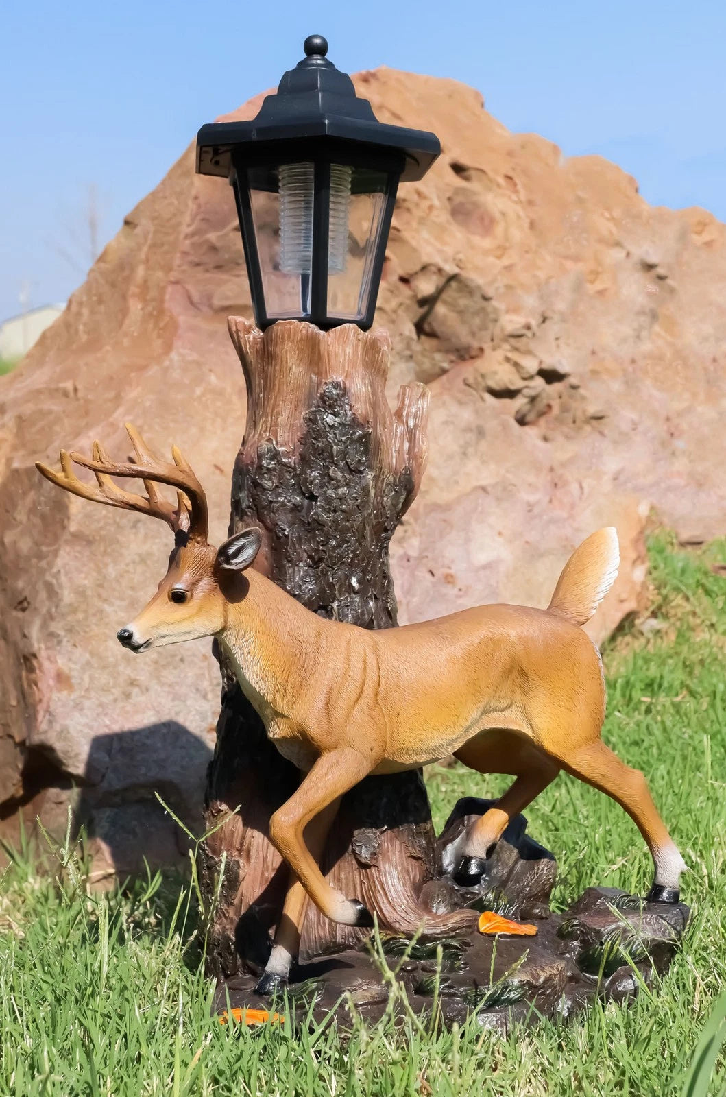 The Emperor 12 Point Buck Deer Statue Rustic Forest Tree Solar LED Light Outpost