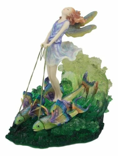 Estatua de pared de Josephine, el sueño del surfista, hada del océano montando un carro de peces arcoíris-6