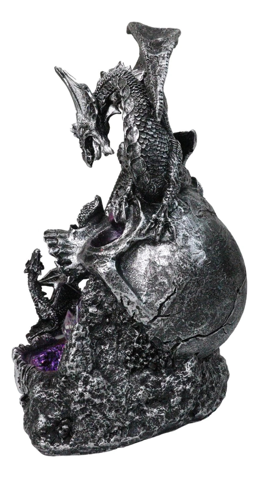 Silver Gothic Dragon On Oversized Skull with Faux Geode Crystal LED Figurine-7