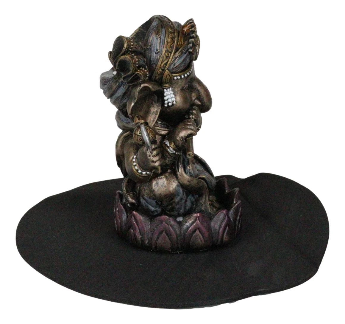 Hindu God Ganapati Baby Ganesha Playing Flute On Lotus Backflow Incense Burner-7
