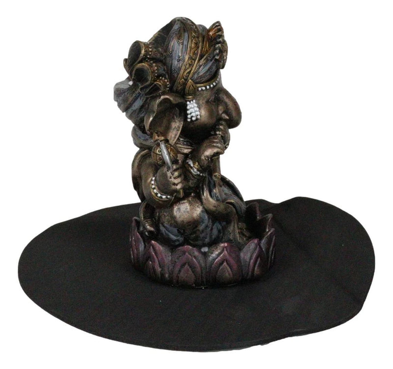 Hindu God Ganapati Baby Ganesha Playing Flute On Lotus Backflow Incense Burner-7