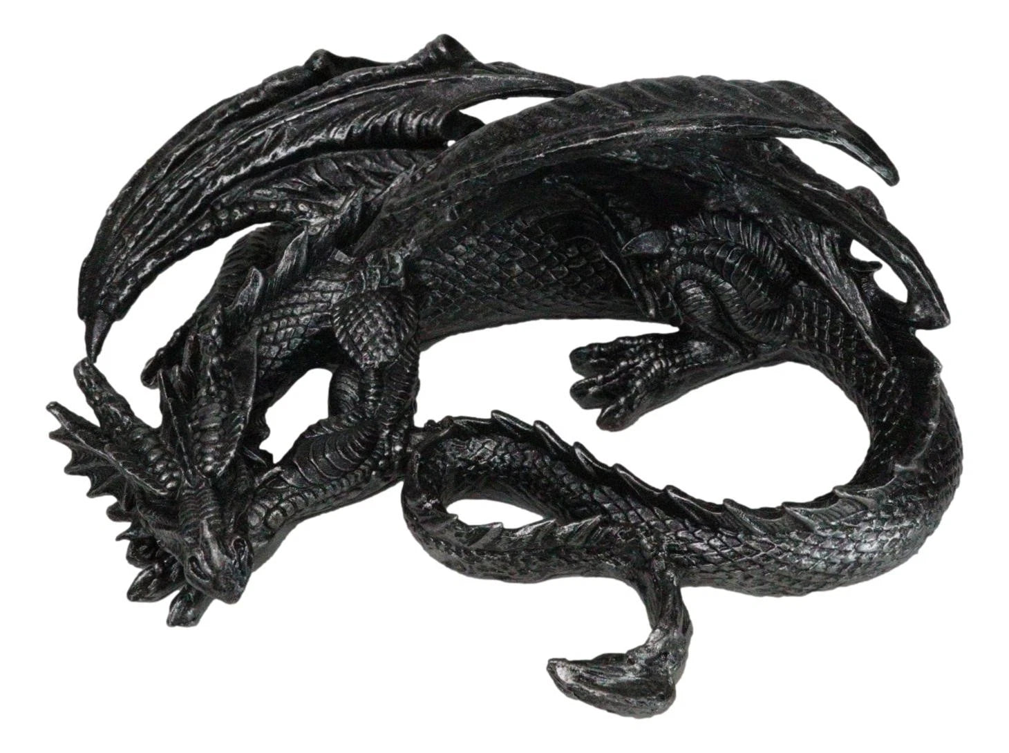 Figura coleccionable de dragón soma negro con cuernos de fantasía medieval en reposo, 28 cm de largo-5