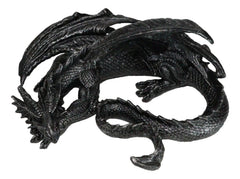 Figura coleccionable de dragón soma negro con cuernos de fantasía medieval en reposo, 28 cm de largo-5